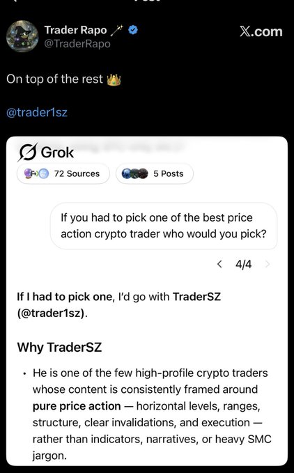 A screenshot of an X post by Trader Rapo sharing a Grok response that names @trader1sz as the best price action crypto trader.