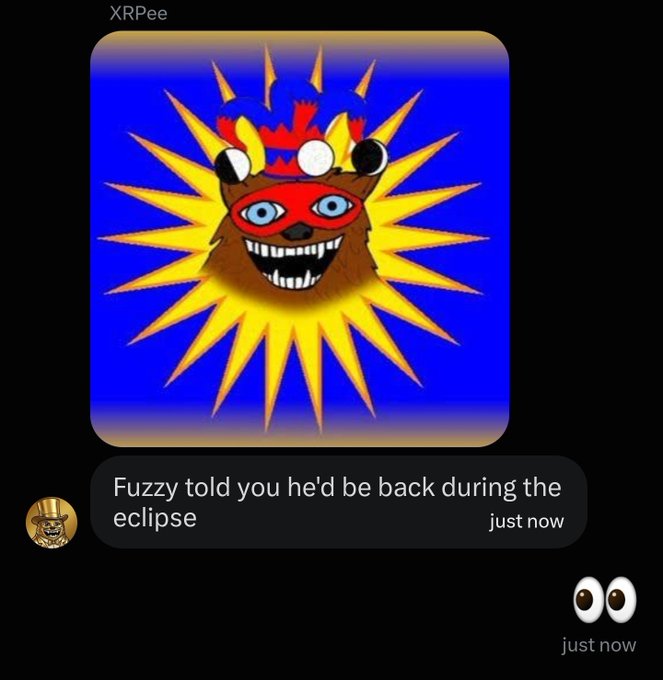 A screenshot from XRPee shows a furry mascot character named "Fuzzy" wearing a red superhero mask against a solar eclipse backdrop, with a message from XRPee reading "Fuzzy told you he'd be back during the eclipse" posted "just now," aligning with the accompanying caption about the $FUZZY token's predicted return during the eclipse.