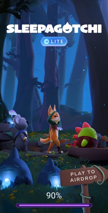 Loading screen for 'SLEEPAGOTCHI LITE' featuring animated characters in a forest setting with a 'PLAY TO AIRDROP' sign and a loading bar at 90%.