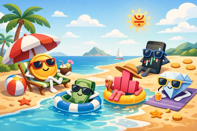 A colorful cartoon illustration shows anthropomorphic financial and digital characters—including a coin, cash, credit card, smartphone, and diamond—relaxing on a sunny beach with palm trees and a smiling sun wearing sunglasses.