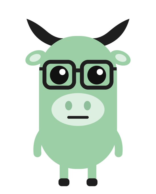 A cartoon green bull with black horns wearing large black-rimmed glasses, depicted as a quirky mascot for "The Retarded Bull Gazette," which humorously exposes crypto scams and rugs by sharing lessons learned from buying into every disaster.