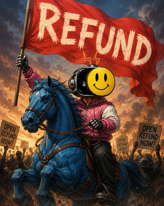 A dramatic illustration shows a robot-headed rider on a blue horse carrying a large red “REFUND” flag, with a crowd holding signs that read “OPEN REFUND NOW!”