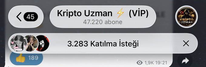 A Telegram channel preview for "Kripto Uzman ⚡ (VİP)" showing 47,220 subscribers, with a notification of 3,283 pending join requests—illustrating the high demand referenced in the post urging users to claim their spot before access is closed.
