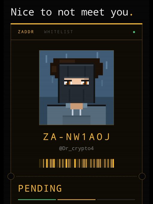 A ZADDR whitelist page with the title 'Nice to not meet you.' showing a pixel art character hooded figure, a wallet address 'ZA-NW1AOJ', username '@Dr_crypto4', and status 'PENDING'.