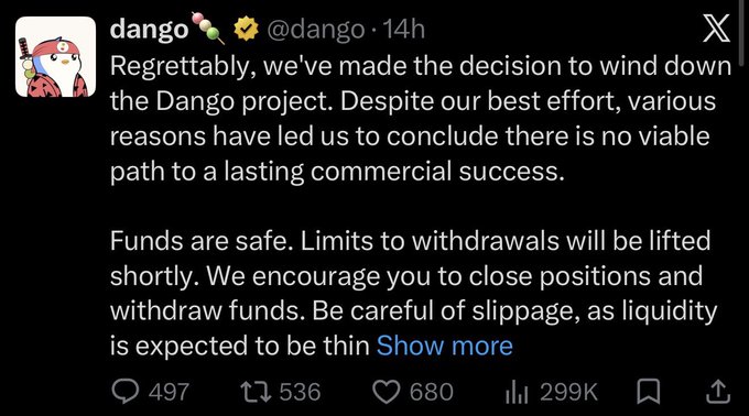 A tweet from user @dango announcing the wind-down of the Dango project, stating 'Regrettably, we've made the decision to wind down the Dango project' and noting that 'Funds are safe.'