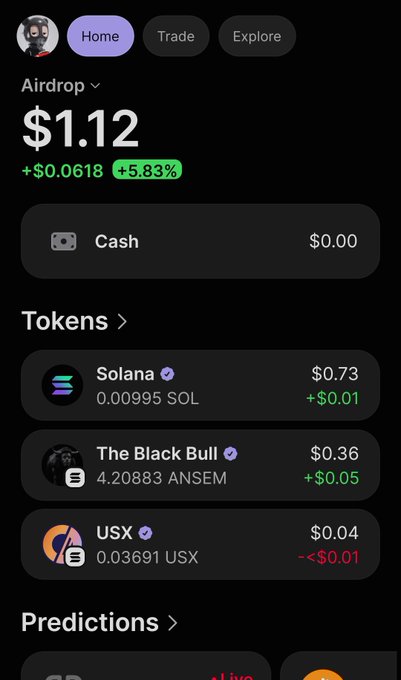 A mobile wallet screenshot displays an Airdrop portfolio totaling $1.12 (+5.83%), showing holdings of 0.00995 SOL ($0.73) and 4.20883 ANSEM tokens branded as "The Black Bull" worth $0.36 (+$0.05), with a small cash reserve of $0.00—directly illustrating the poster's claim of spending their last SOL to buy 4 $ANSEM tokens.