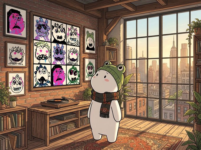 An animated illustration shows a white frog-like character wearing a green hat and scarf in a loft apartment with brick walls, artwork, and a city view.