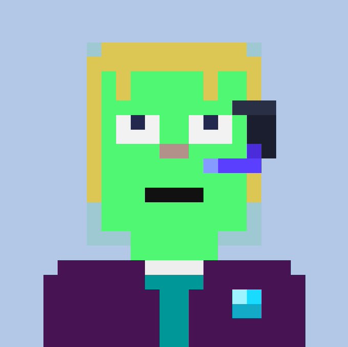 A minimalist pixel art portrait of a green-skinned character with blonde hair wearing a dark purple suit and headset microphone, set against a light blue background.