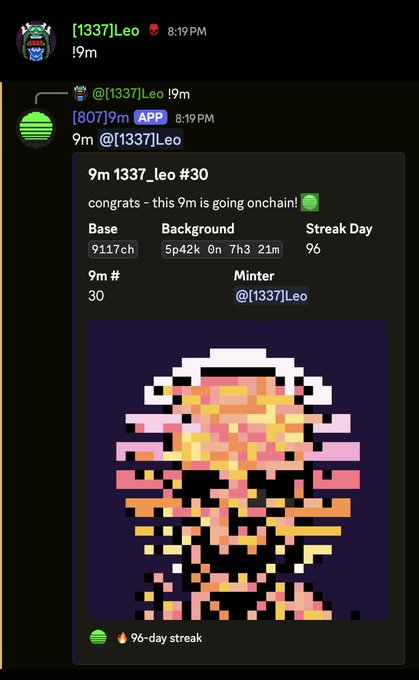 A Discord screenshot showing user [1337]Leo receiving a '9m' notification for #30, congratuating them on a 9-day streak with Base 9117ch and a 96-day streak.