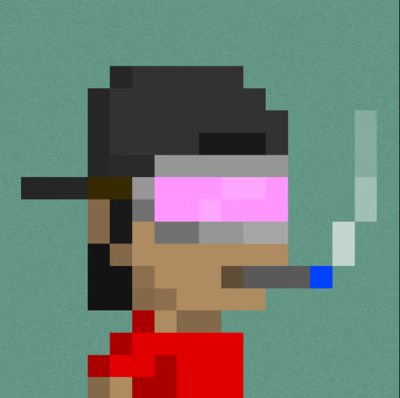 A pixel art illustration of a character with black hair, pink sunglasses, and a red shirt holding a cigarette and a knife against a green background.