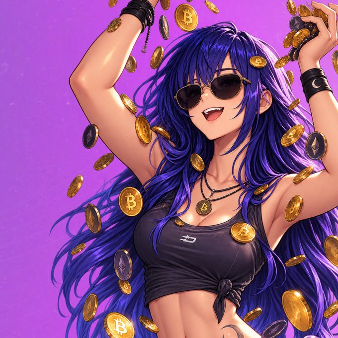 An anime-style illustration of a blue-haired woman wearing sunglasses, a black crop top, and a Bitcoin necklace, surrounded by falling Bitcoin and Ethereum coins against a purple background.