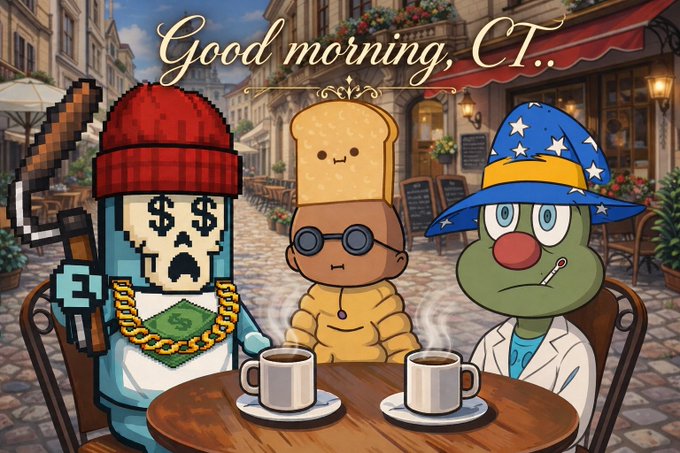 A colorful digital artwork titled "Good morning, CT" showing three characters—a pixelated figure with $$ eyes and gold chain, a toast-shaped character with glasses, and a green character in a wizard hat—sitting at a café table with two coffee cups.