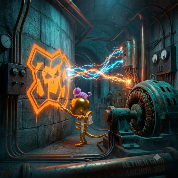 A digital artwork labeled 'AETHER GRID ANCHOR-369' depicting a golden creature with a purple-hatted companion spray-painting an orange graffiti face on a wall while electrical arcs connect to industrial machinery in a dim corridor.