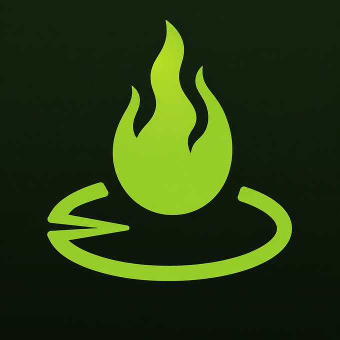 A green flame rests above a curved arrow forming a circular base, visually symbolizing the continuous cycle of buying back and burning tokens. The imagery reinforces the post's message of creating ongoing buy pressure through the Uniswap Launchpad's fee mechanism.