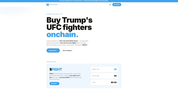 The image presents a screenshot of a website dedicated to buying UFC fighters, called Buy Trump'sUFCfightersOnchain. The website has a white background with blue text displaying information about buying UFC fighters online. Below the main content area, there are two bullet points providing additional details. One of these bullet points is an advertisement for a fight night hosted at the Whitehouse and is offering fighter packages worth 60,00 dollars. This website aims to promote a platform where people can buy fighters in exchange for money.