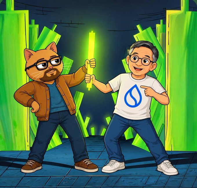 A cartoon illustration showing two characters—one a cat with glasses in a brown jacket and another man in a Sui (SUI) logo shirt—holding a glowing green lightsaber together.