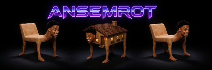 A surreal graphic titled "ANSEMROT" featuring three bizarre figures with human heads merged into furniture — two resembling chairs/benches and one with a house as its body — all with human legs and feet.