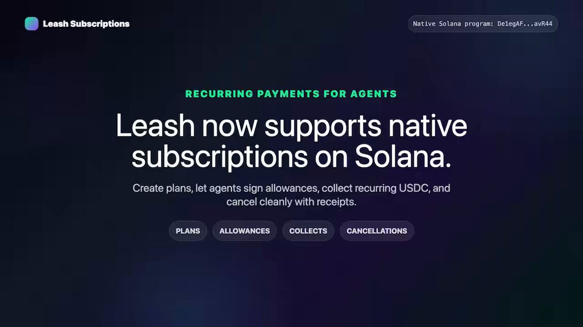 The image shows a screenshot of a website that appears to be about LeashSubscriptions. It features text, images, and various buttons, including "Leash now supports native subscriptions" which highlights the new feature of the platform related to native payments. The focus on the screen displays information about how agents can access these services via the Leash platform and what their options might include for managing allowances, USDC, and other financial transactions within the system.