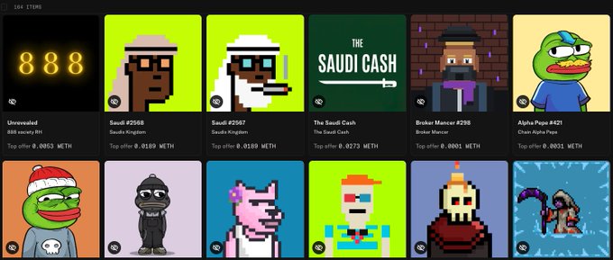 A grid of 12 pixel-art NFT collectibles, including 'Saudi #2588', 'Saudi #2587', 'The Saudi Cash', 'Broken Mancer #238', 'Alpha Pepe #421', and others, showing their floor prices in METH.