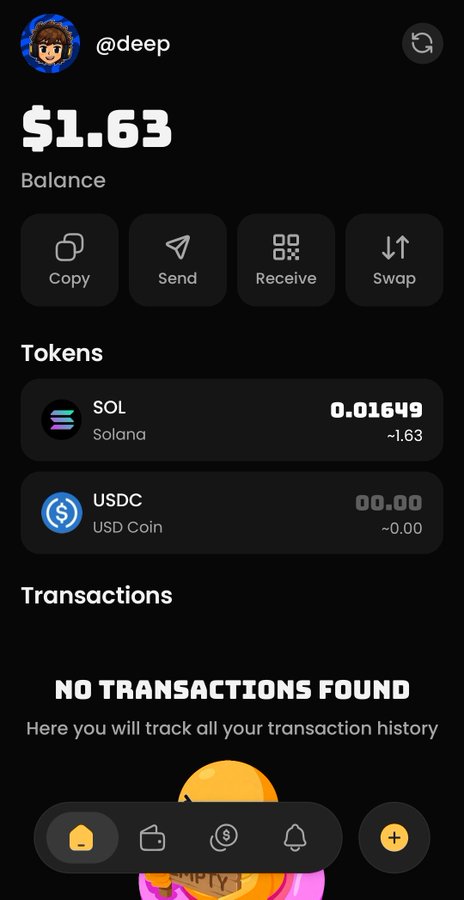 A cryptocurrency wallet app screenshot for user @deep showing a balance of $1.63, with 0.01649 SOL and 00.00 USDC tokens, and no transactions found.