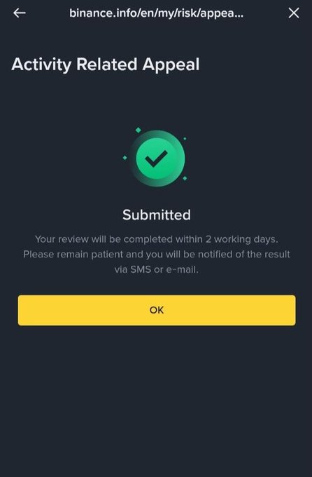 A Binance.info confirmation page titled 'Activity Related Appeal' shows a green checkmark and 'Submitted' status, stating the review will be completed within 2 working days.