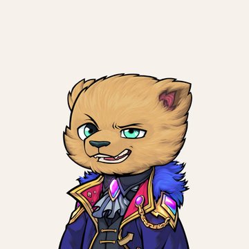 An illustrated cartoon character that appears to be a tan-colored anthropomorphic cat or feline with green eyes, baring its teeth while wearing an ornate purple and gold royal-style outfit.