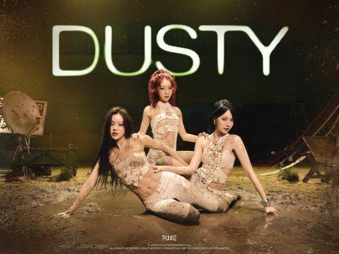 A promotional image for 'DUSTY' featuring three women in distressed white outfits posed in a muddy, post-apocalyptic setting with a neon sign overhead; text reads '© 2025 LYT ENTERTAINMENT INC. ALL RIGHTS RESERVED UNAUTHORIZED COMMERCIAL USE OR PUBLICATION IS PROHIBITED.'