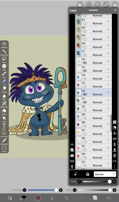 A digital art software interface showing a cartoonish blue creature with purple hair and a golden staff being drawn, with a layers panel on the right.