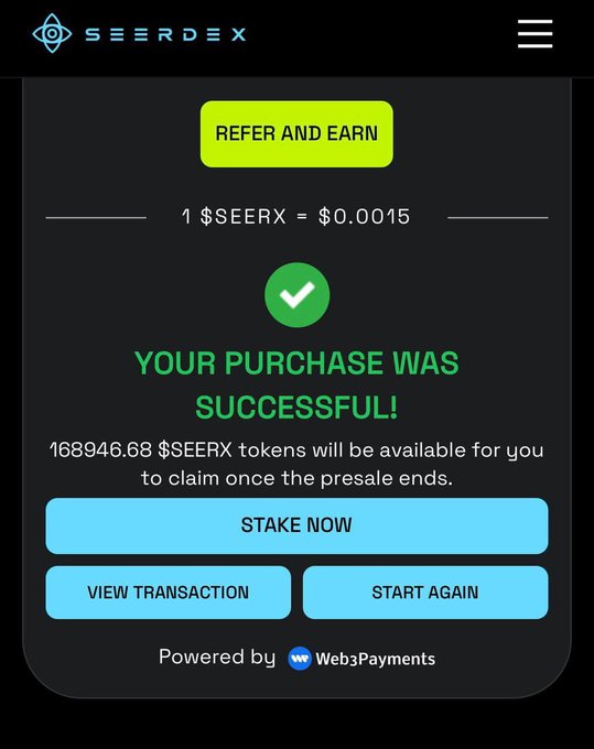 A successful purchase confirmation screen for the SeerDEX presale showing 168,946.68 $SEERX tokens (at 1 $SEERX = $0.0015) will be claimable after the presale ends, with options to stake, view transaction, or buy again, supporting the post's promotion of the SeerDEX prediction markets presale.