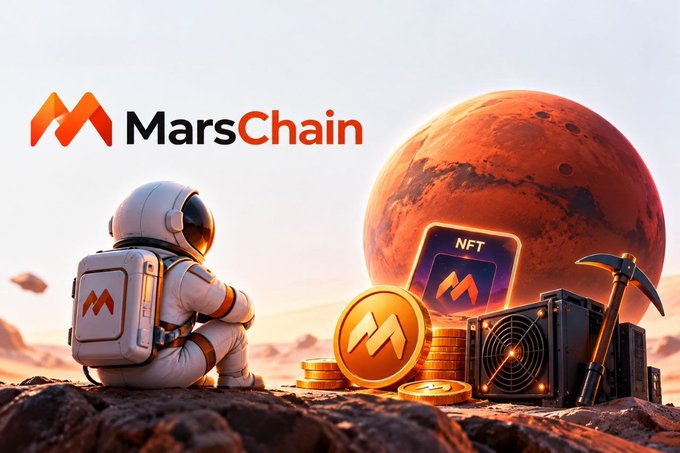 A promotional graphic for 'MarsChain' showing an astronaut sitting on Mars with a red planet in the background, along with crypto coins, NFT tokens, and a mining rig with a pickaxe.