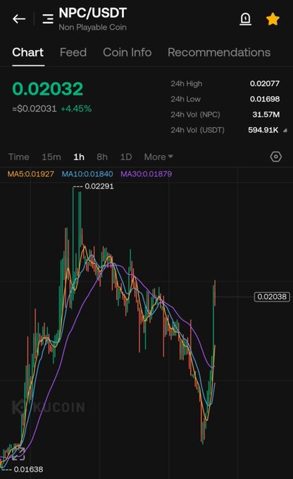 A Binance chart of NPC/USDT (Non Playable Coin) shows the price recovering from a low of $0.01638 to $0.02032, up 4.45%, with a quick bounce visible on the 1-hour candles — supporting the post's claim that the dip was bought up rapidly.