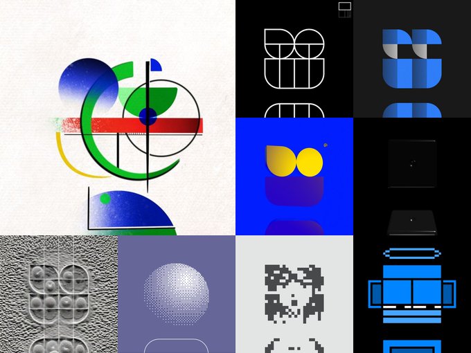 A collage of abstract geometric designs featuring circles, grids, and pixelated patterns in blue, green, red, and black colors.