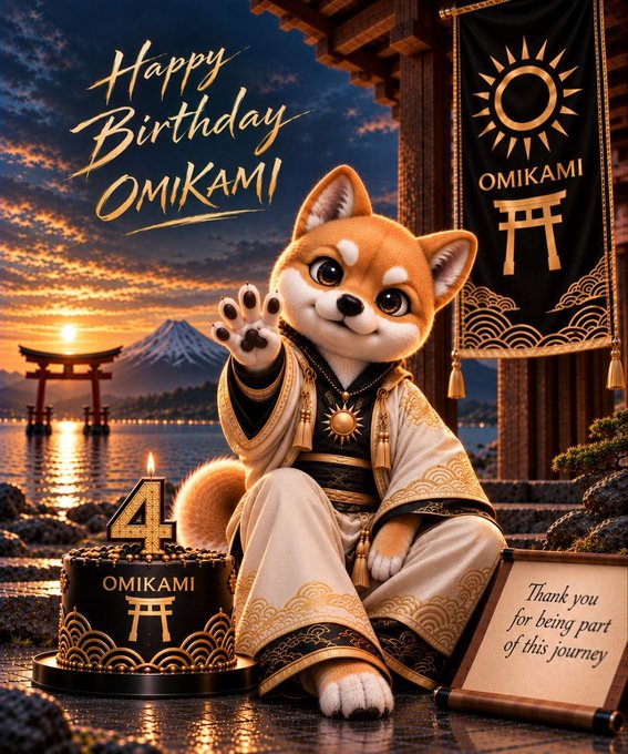 A digital illustration shows an anime-style Shiba Inu character in traditional Japanese attire with 'Happy Birthday OMIKAMI' text, a '4' birthday cake, and a banner reading 'Thank you for being part of this journey'.