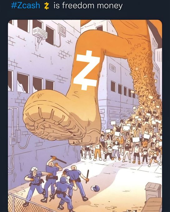 An illustration shows a giant orange arm with a white 'Z' reaching down from above while police officers with batons face off against a crowd of protesters holding signs, accompanied by the text '#Zcash Z is freedom money'.