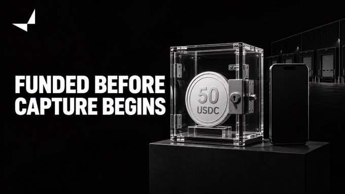 Black promotional graphic with text 'FUNDED BEFORE CAPTURE BEGINS' showing a clear display case containing a 50 USDC coin next to a smartphone.