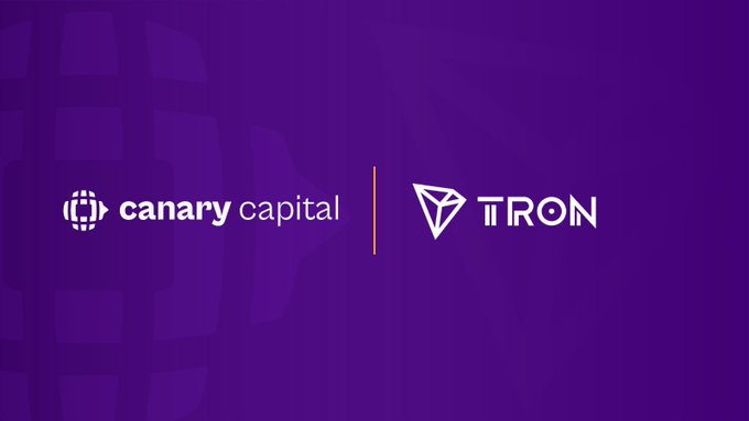The image features a purple promotional banner displaying the "Canary Capital" logo alongside the "TRON" logo, separated by a vertical line. This visual pairs the asset manager with the blockchain platform to highlight their collaboration on the newly launched Canary Staked TRX ETF ($TRXS), bridging traditional finance with on-chain staking yield.