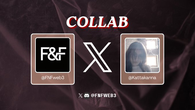 The image shows a dark purple backdrop with two logos on it - one black, one white. The black logo reads "F&GF", while the white logo says "collab" followed by an exclamation point. Below these logos, there is text about an exclusive collaboration between F&GF and Kattakanna Collection Details that includes mint price. Additionally, a post in the image announces that the artwork for this collaboration has been posted on Discord. The overall composition of the image suggests that the collaboration between these two brands is taking place on social media platforms.