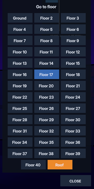 A 'Go to Floor' menu interface with a grid of buttons listing Ground through Floor 40 and a Roof option; 'Floor 17' is highlighted in blue and 'Roof' in orange.