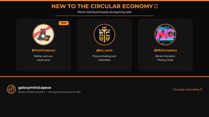 A dark-themed website screenshot titled "NEW TO THE CIRCULAR ECONOMY" featuring three business listings: @ToshiTreasures (mother-and-son resale shop), @btc_cards (physical trading card collectibles), and @NEEDcreations (Bitcoin Education Playing Cards), with "galaxymind.space" branding at the bottom.