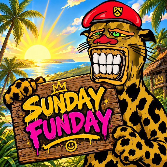 A vibrant cartoon-style poster features a grinning leopard character wearing a red beret and holding a wooden sign that reads "SUNDAY FUNDAY" with a smiley face, set against a tropical beach sunset with palm trees and a small hut.