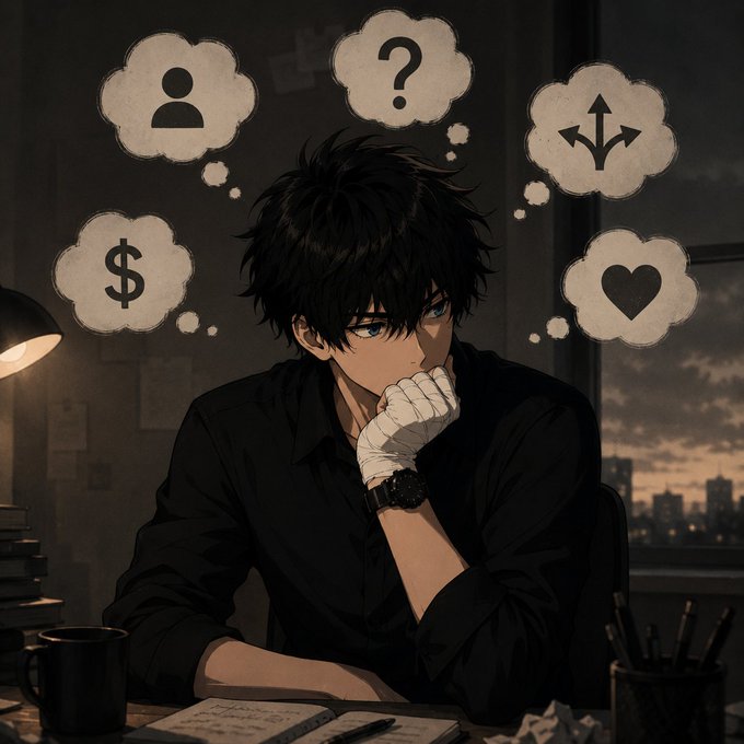 An anime-style young man with dark hair rests his bandaged hand on his chin in thought, surrounded by thought bubbles containing a person icon, a question mark, arrows, a dollar sign, and a heart.
