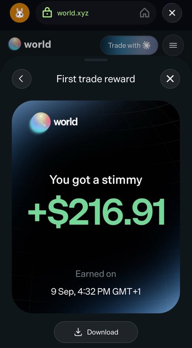 The image shows a screenshot from world.xyz announcing a "First trade reward" of +$216.91, earned on 9 Sep at 4:32 PM GMT+1, with the playful caption "You got a stimmy." This visually confirms the poster's claim of receiving their initial trading reward from Worldcoin's platform, supporting their tip that newcomers who deposit funds and see a $0 portfolio should keep trying the trade function until it works.