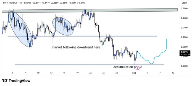 The image shows a 4-hour Binance candlestick chart for the SUI/USDT trading pair, with the current price at 0.6919, annotated to highlight an "accumulation phase" near the 0.6600–0.7000 support zone following a downtrend (circled areas marking prior bearish price action). The chart visually supports the post's thesis by depicting the downtrend followed by a potential basing pattern near key support, setting up a possible bullish breakout.