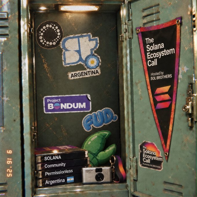 An open green metal locker decorated with stickers including 'Argentina', 'Project BONDUM', 'FUD', and 'The Solana Ecosystem Call' pennant, containing books labeled 'SOLANA', 'Community', 'Permissionless', 'Argentina' and a green plush toy.