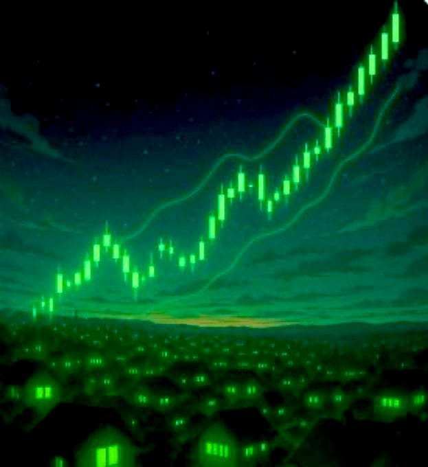 A digital illustration shows a green stock chart trending sharply upward over a nighttime cityscape with glowing green windows, set against a starry sky.