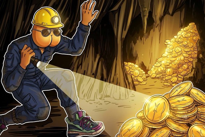 A cartoon illustration of a miner in a yellow hard hat and sunglasses exploring a cave filled with piles of gold coins, illuminated by a flashlight beam.