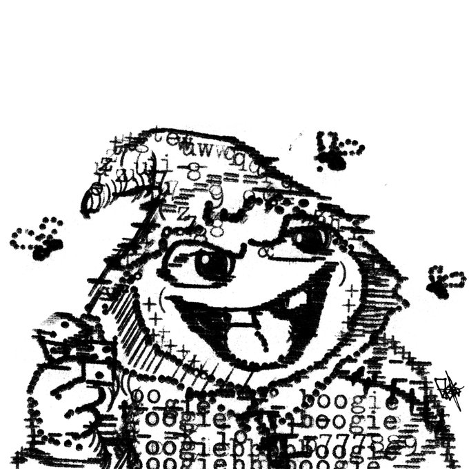 A black and white ASCII art drawing of a trollface meme character made entirely of letters, numbers, and symbols.