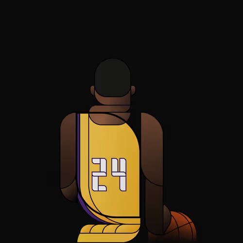 A digital illustration shows the back of a basketball player wearing a yellow Lakers jersey with the number 24, holding a basketball.