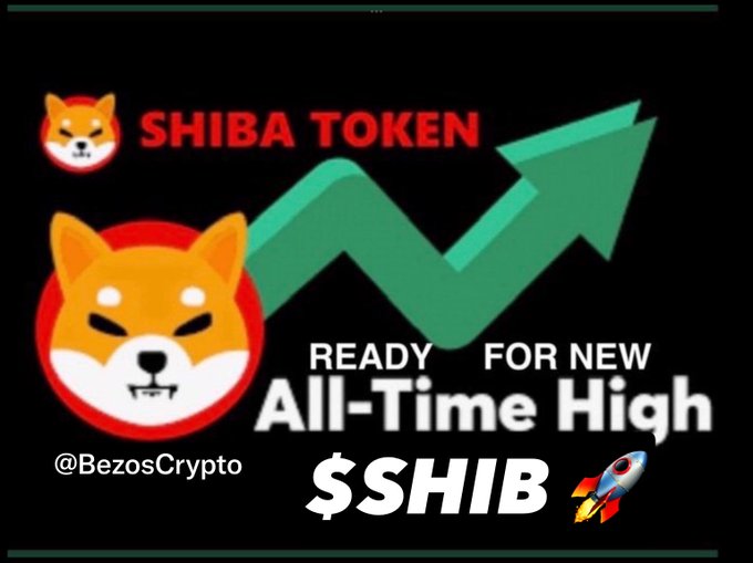 A cryptocurrency promotional graphic featuring the Shiba Inu mascot with text 'SHIBA TOKEN', 'READY FOR NEW All-Time High', '$SHIB' with a rocket emoji, and the handle '@BezosCrypto'.