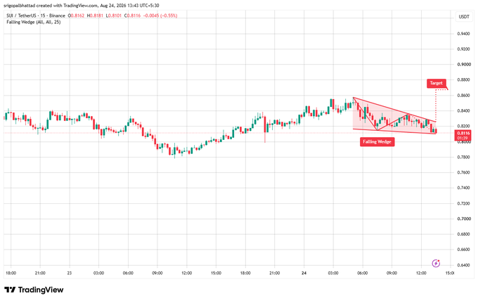 A TradingView chart of SUI/USDT 15-minute candles showing a 'Falling Wedge' pattern with a projected target near 0.8800 and current price around 0.8162.
